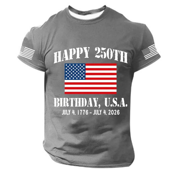 CIENVNSTG Mens 4th of July 250th Anniversary Crew Neck T Shirt Sleeve Flag Print with U.S.A.Graphic 1776-2026 Patriotic Short Sleeve Casual Fit for Independence Day Celebrations Gray 4XL
