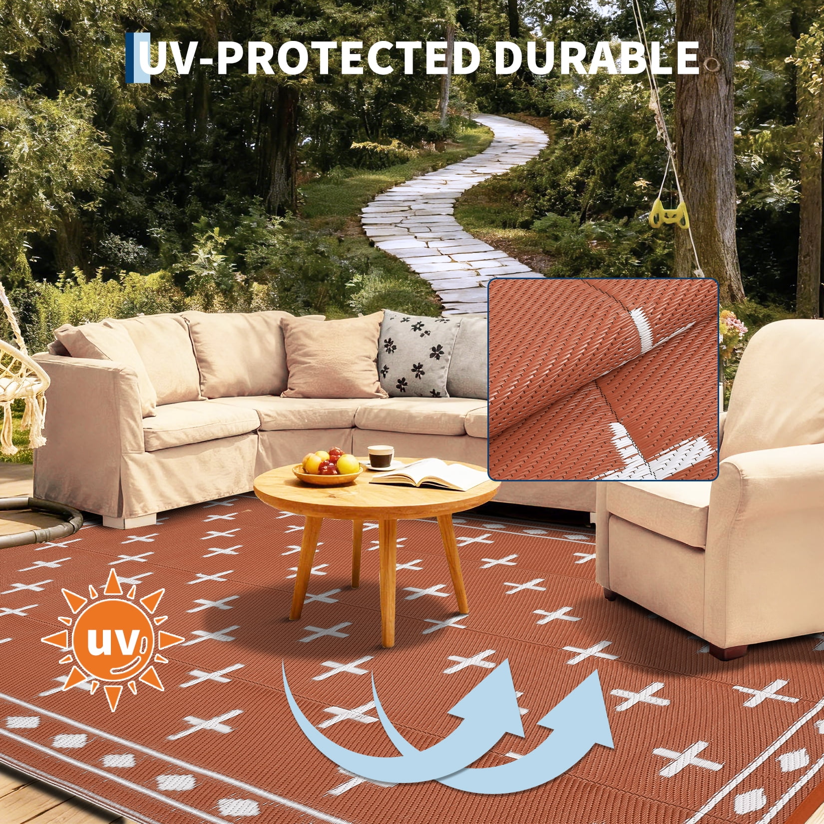 COZONY 9'x18' Outdoor Rug, Reversible Waterproof Plastic Straw Patio Mat, Large RV Camping Rug with Geometric Design for Deck, Bangeyard, Beach