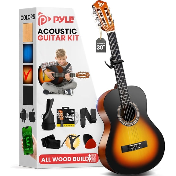 Pyle Beginner Acoustic Guitar Kit, 30" 1/4 Junior Size All-Wood Nylon String Guitar for Kids, Teens & Adults, Includes Capo, Gig Bag, Strap & Extra Strings, Sunburst Gloss
