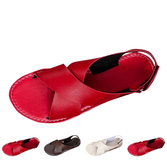ATENAR Womens Sandals,Sandals for Women,Flat Heel,Slip-On,Buckle,Open Toe,Red,8