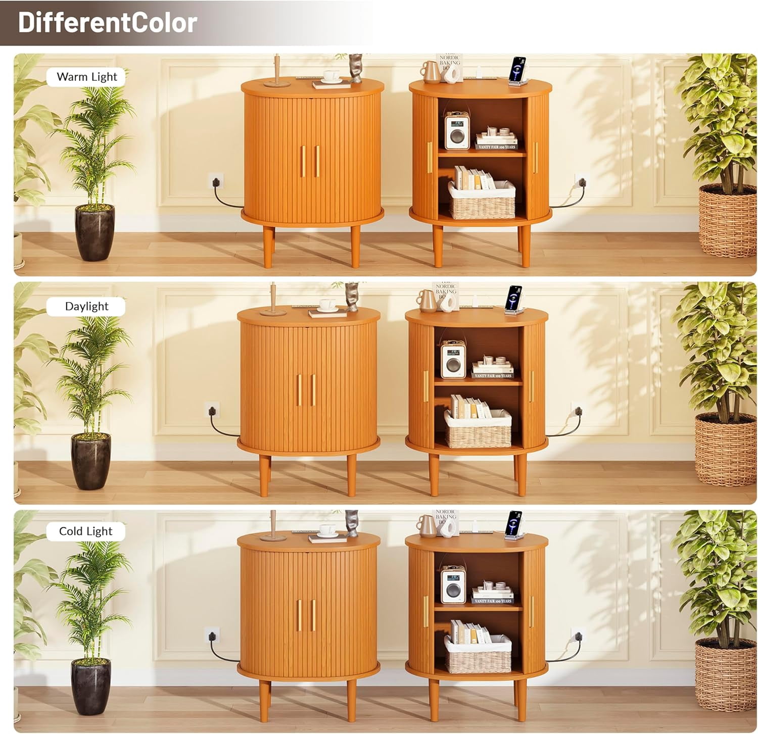 1-Piece Nightstand Set with Charging Station Mid-Century Modern, Yellow Fluted Side Tables with Sliding Door & Adjustable Shelf, Space-Saving End Table for Bedroom, Living Room