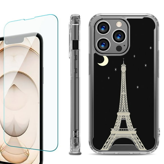Shockproof Bumper Phone Case for iPhone 13 Pro Max, with Tempered Glass Screen Protector, by OneToughShield ® - Eiffel Tower Moon