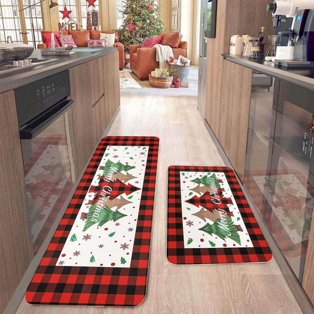 Feltree 2 Pcs Christmas Kitchen Rugs and Mats for Floor Non-Slip Backing Mat Merry Christmas Kitchen Decor Kitchen Rug Sets Xmas Decor (16x24in+16x48in)