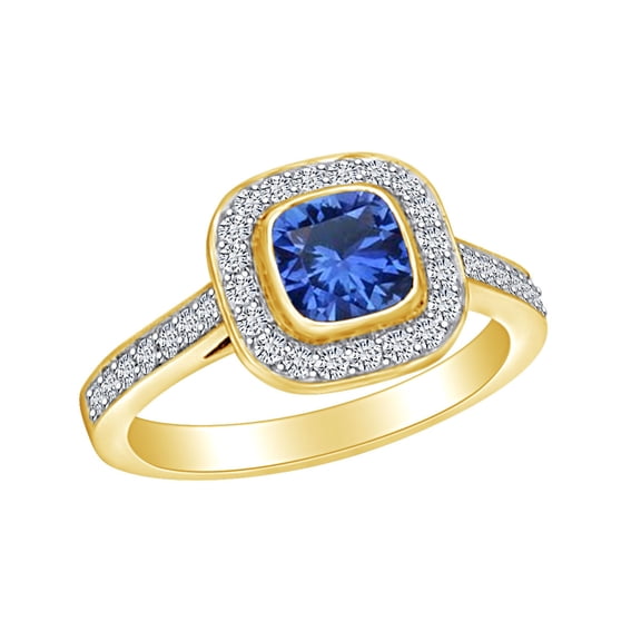 AFFY 1.5 Carat (Ctw) Simulated Blue Sapphire & White Natural Diamond Halo Engagement Ring In 14k Solid Yellow Gold Ring Size-10
