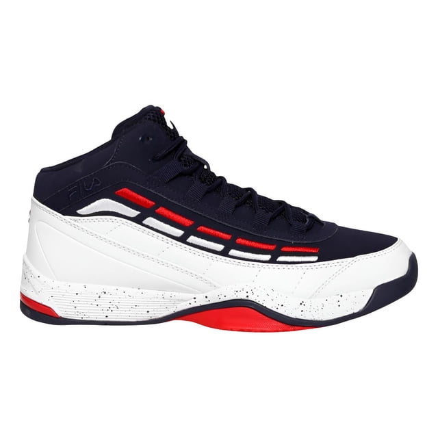 tenis fila hombre caballero spitfire azul basquetbol azul oscuro 5 mx Tenis FILA Spitfire mid top azul oscuro con empeine sintético y paneles blancos, franjas laterales rojas, cordones negros y ojales altos; suela de goma blanca con moteado negro y inserto rojo para tracción y soporte, vista lateral derecha sobre fondo blanco. Suele usarse también como calzado casual para viajes o uso diario.