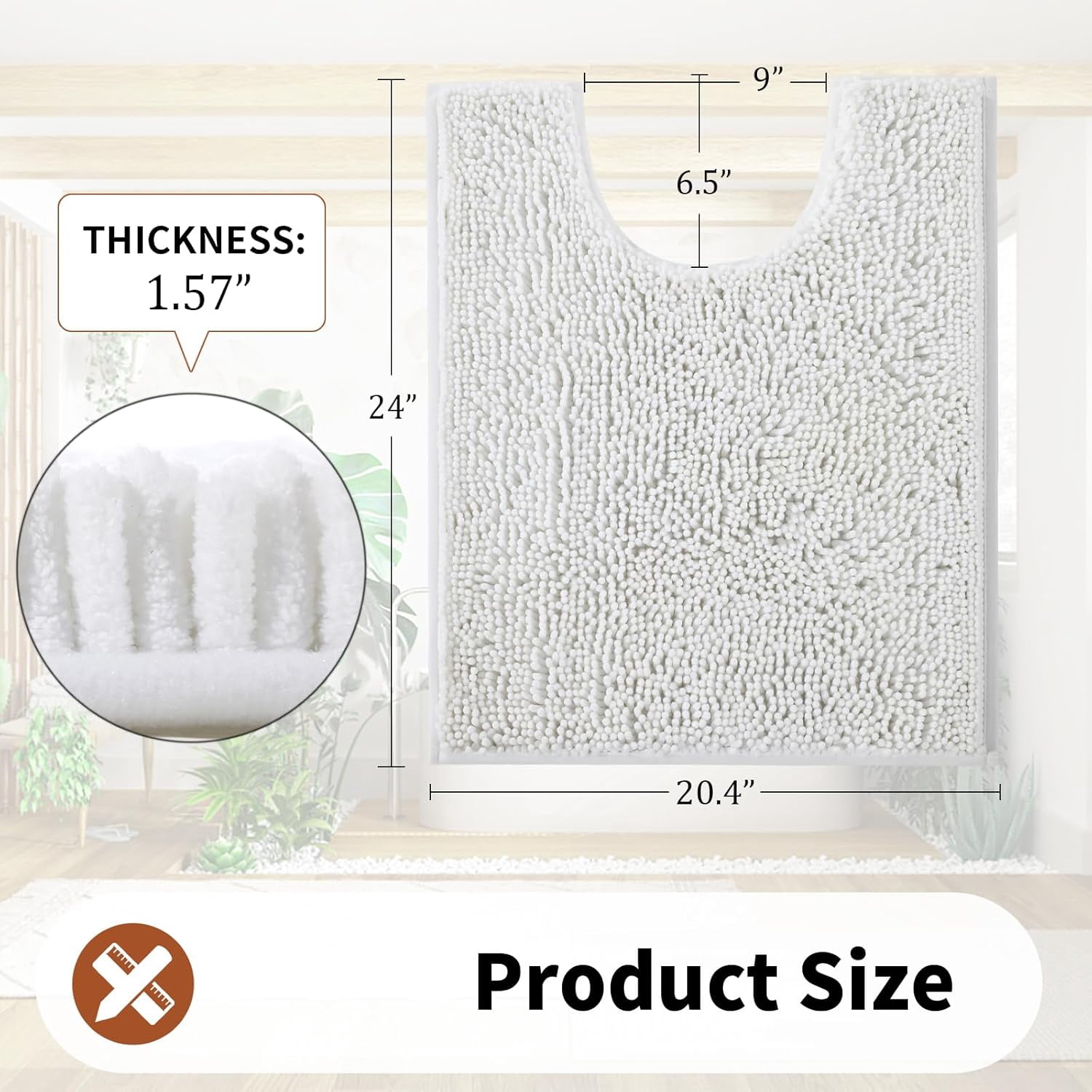Luxury Shaggy Toilet Bath Mat U-Shaped Contour Rugs for Bathroom, 24.4 X 20.4 Inches, Soft and Comfortable, Maximum Absorbent, Dry Quickly, Non-Slip, Machine-Washable,Bright White