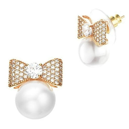 Less Fashion Hypoallergenic Surgical Steel Less Fashion Hypoallergenic Surgical Steel Dangle Stud Bow Pearl Earrings In Gift Box Edgpbgld