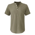 thumbnail image 4 of Taqqpue Men Cotton Linen Shirt Casual Short Sleeve Solid Color T Shirt Summer Beach Band Collar Pocket Button Tee Top, 4 of 8