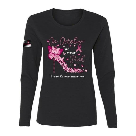 Wild Bobby In October We Wear Pink Diamond Heel US Flag Breast Cancer Awareness Women Graphic Long Sleeve Tee, Black, Small
