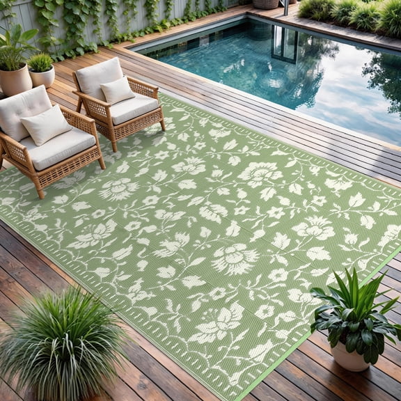 Floral Outdoor Rug, Waterproof Rug, Vintage Reversible Plastic Straw Rugs, Foldable Lightweight UV Resistant Carpet for Picnic Deck Balcony Porch