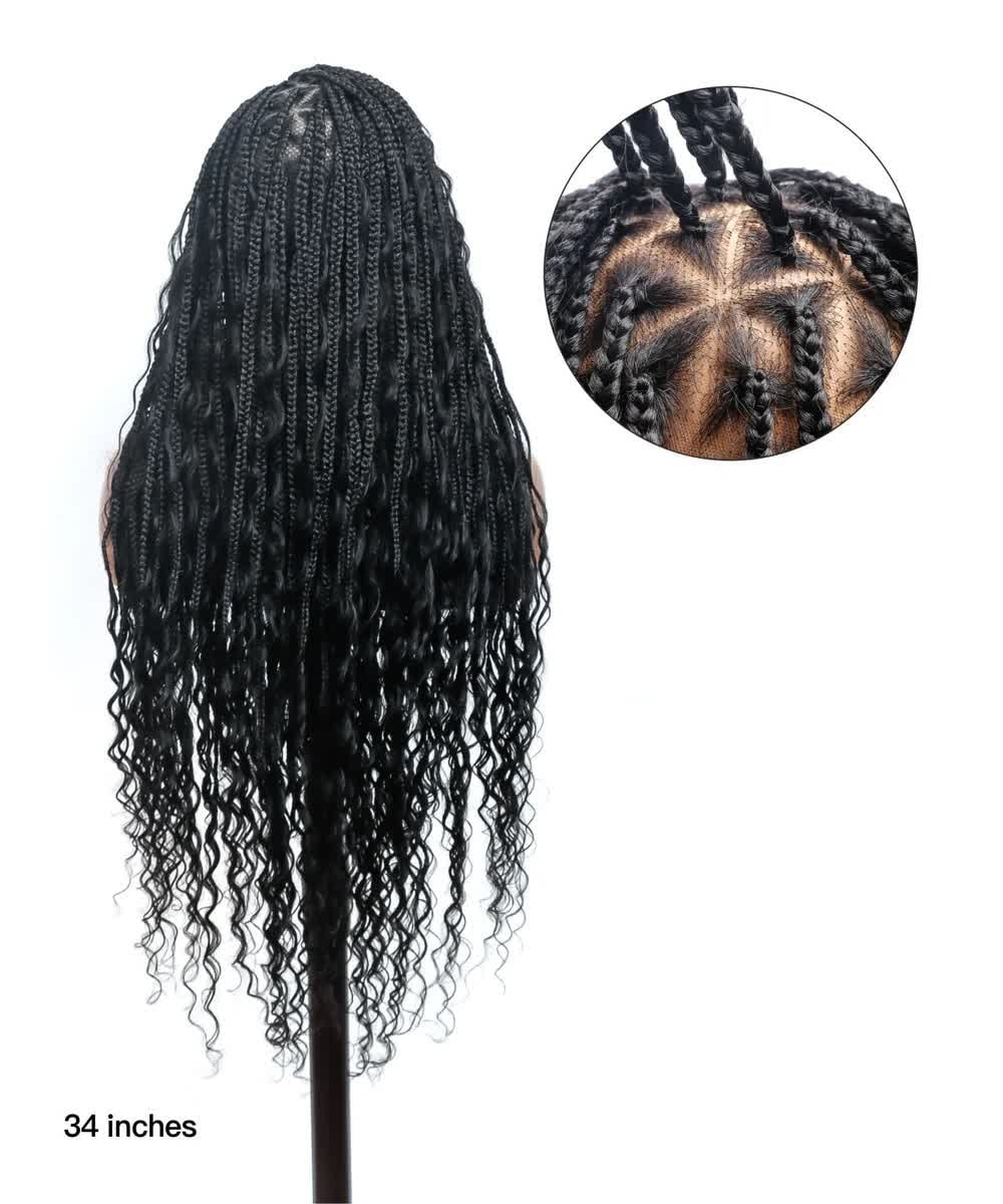 JALIZA Triangle Base Human Hair Boho Curls 36" HD Full Lace Knotless Boho Box Braided Wig Full Density 99 Strands