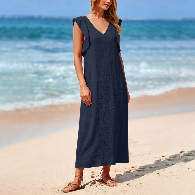 straight cut dresses with sleeves Iyufng Plus Size Straight Cut Dresses for Women Summer Casual Ruffled Sleeve Long Dress,S-5XL, Women's, Size: 2XL, Blue