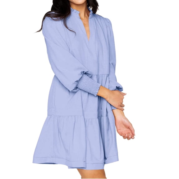 Casual V Neck Loose Womens Ruffle Tiered Long Sleeve Tunic Dress