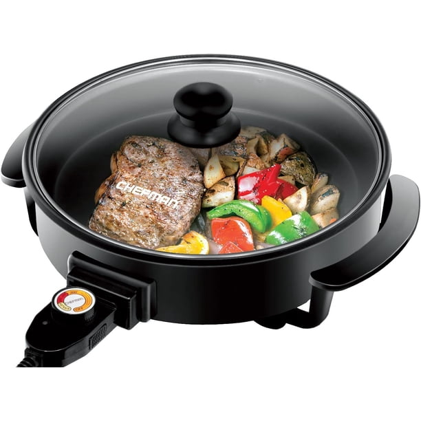 Chefman RJ05-12-RO Sartén Eléctrica Multifuncional – Revestimiento Antiadherente, Tapa de Vidrio Templado, Color Negro