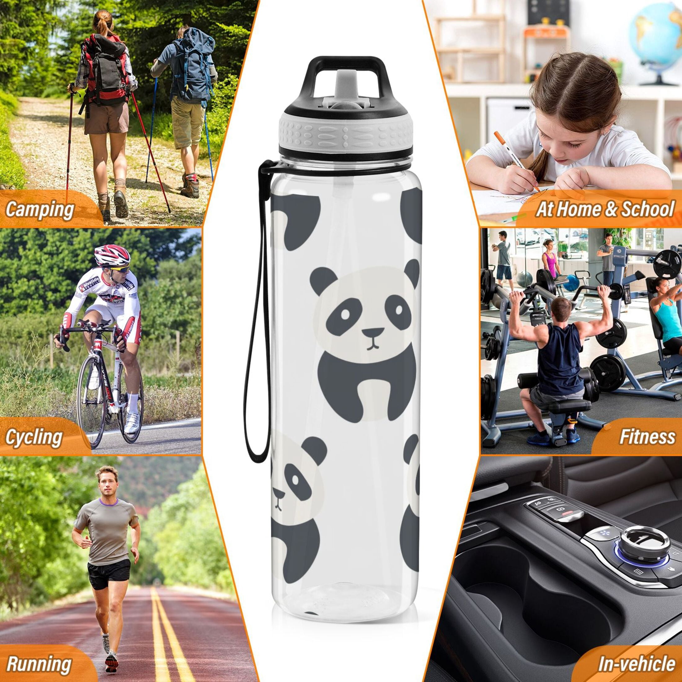 32 Oz Sports Water Bottle with Straws Pandas Silhouette Tritan Clear Bottles BPA Free Leakproof Cup for Outdoor School Gym Fitness