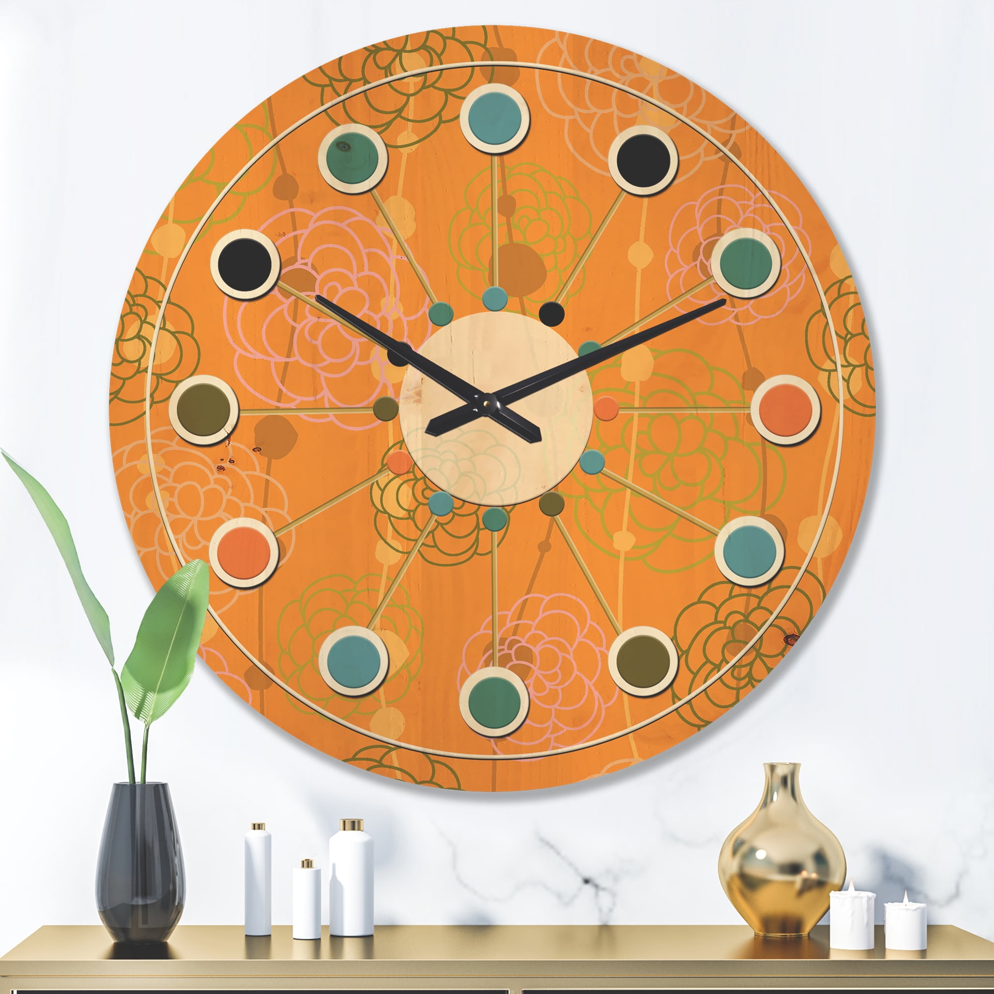 Designart 'Retro Flowers Pattern II' Mid-Century Modern Wood Wall Clock