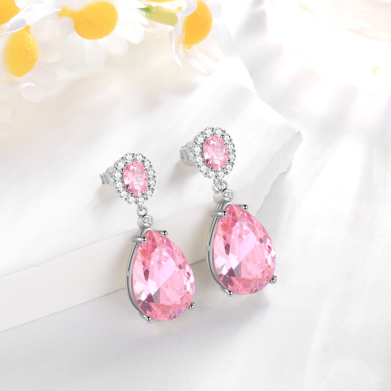 Juwaliy 10Ct Pink Women Dangle Earrings Teardrop October Birthstone Tourmaline Earring Jewelry 925 Sterling Silver Mom Birthday Christmas Valentine's Day Gift
