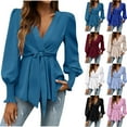 thumbnail image 2 of ClodeEU Womens V Neck Wrap Long Sleeve Slim Business Work Chiffon Blouses ,Casual Belt Tunic Shirt Tops Pink,Womens Plus XL, 2 of 7