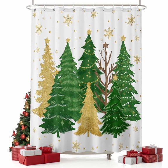 nqOlkjepod Christmas Tree Shower Curtain, Waterproof Shower Curtains for Bathroom, Xmas Snowflake Green Golden Washable Fabric Bathtub Curtain Set Bath Decor with 12 Hooks Extra Long 72"x96"