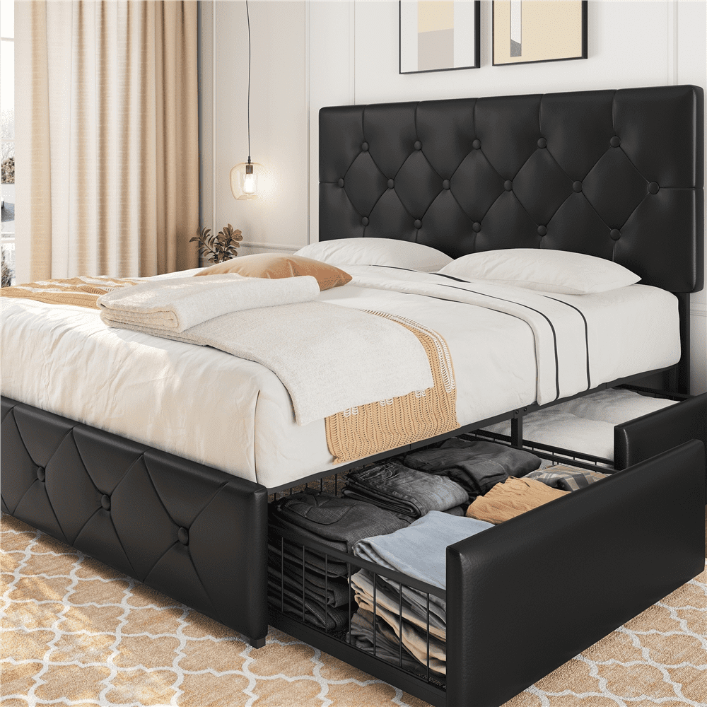 Renwick Diamond Button-Tufted Upholstered Platform Bed with Storage, Adult, Black, Queen