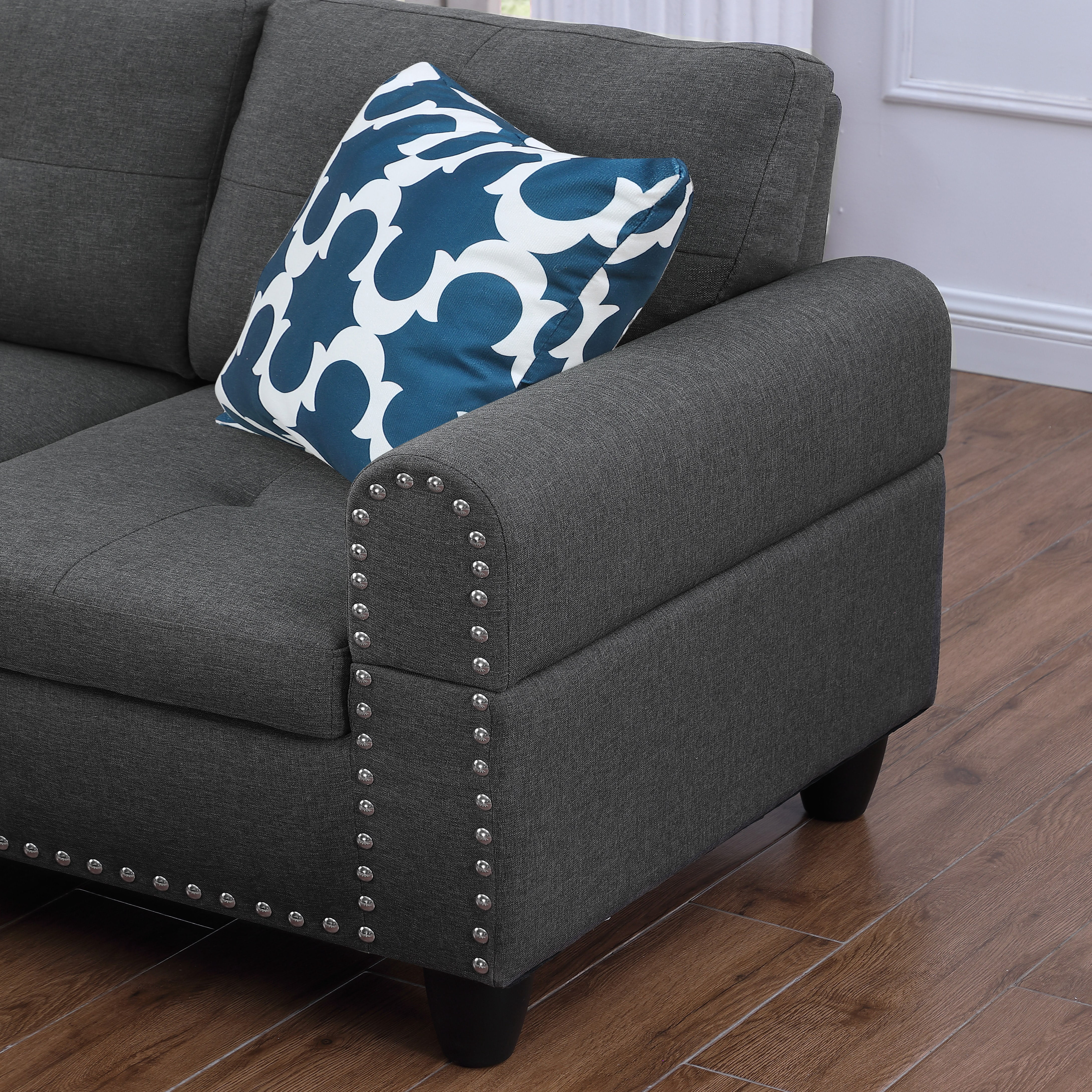 Gewnee L-Shaped Sofa & Chaise Sectional, Linen Blend Fabric Upholstered Couch with Storage Ottoman, Nailhead Trim and Toss Pillows for Living Room Apartment, Dark Gray