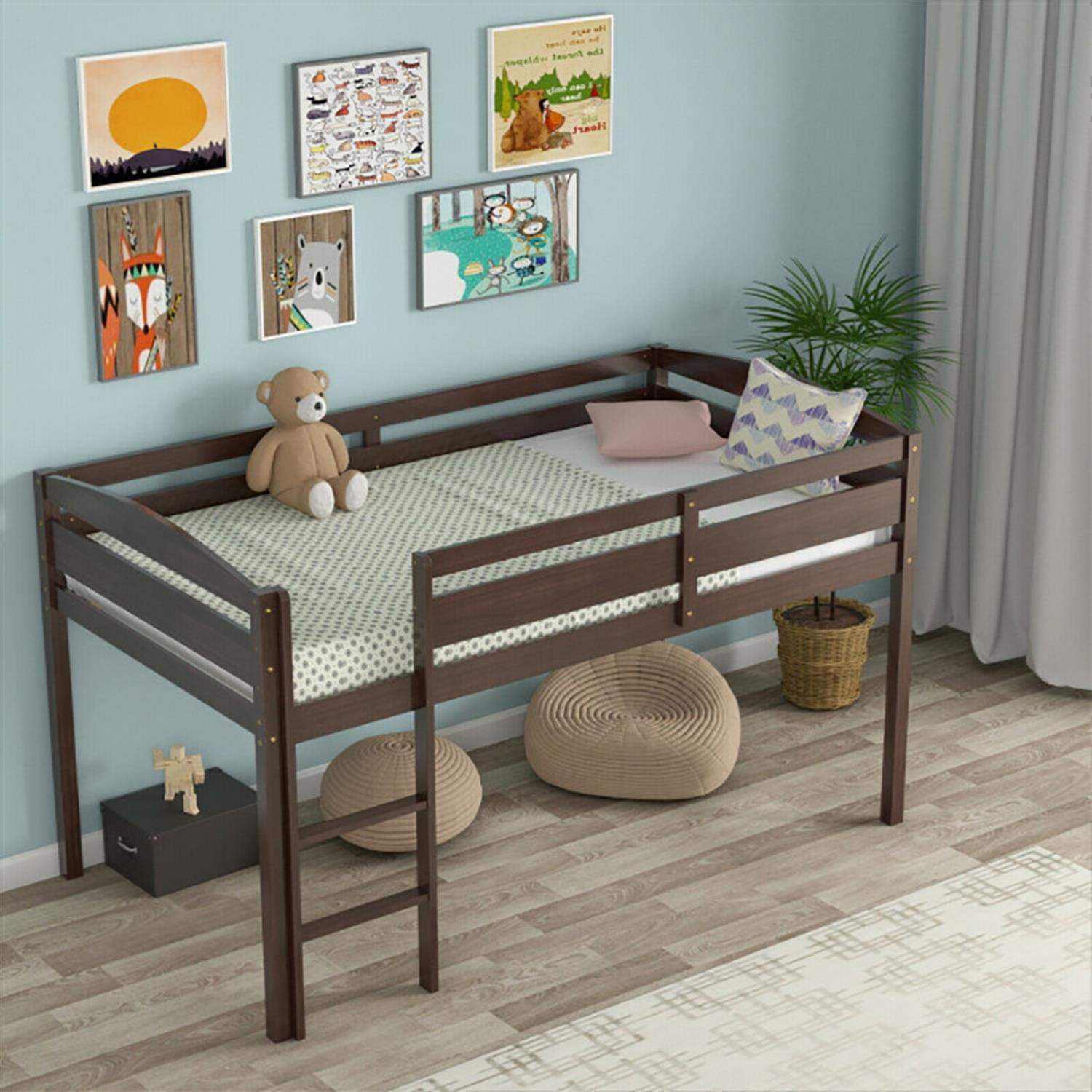 Demi Bonn Loft Bed Twin Size, Solid Wood Low Loft Bed with Guard Rail and Ladder, Modern Wooden Loft Bunk Bed Frame, Brown