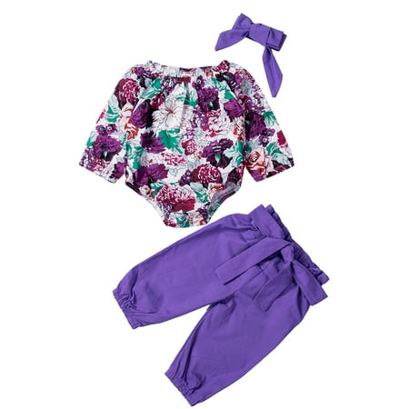 

Farrubbyine8 Toddler Baby Girl Clothes Long Sleeve Bodysuit Top Floral Pants Headband Clothing Outfits 3PCs