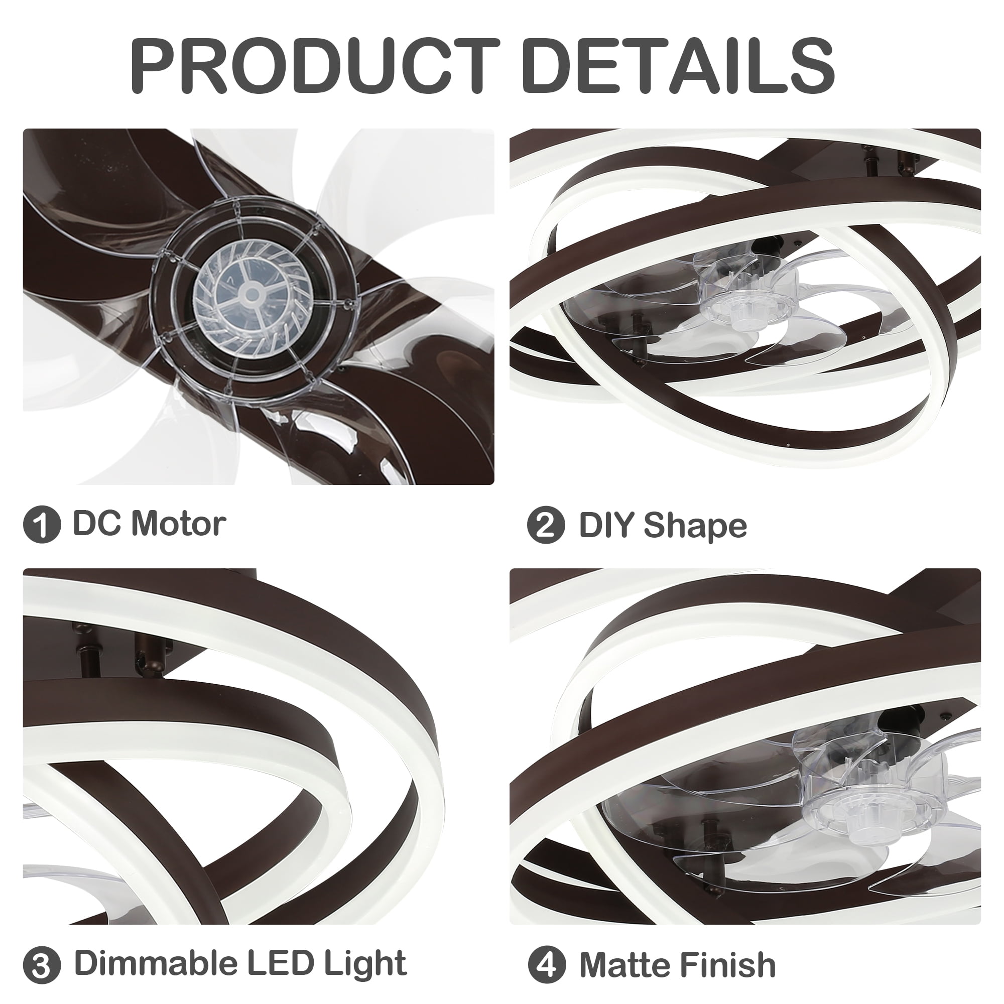 24Inch Modern Coffee Indoor Reversible Ceiling Fan with Dimmable LED Light, 6-Speed DIY Shape Ceiling Fan with Remote and APP Control