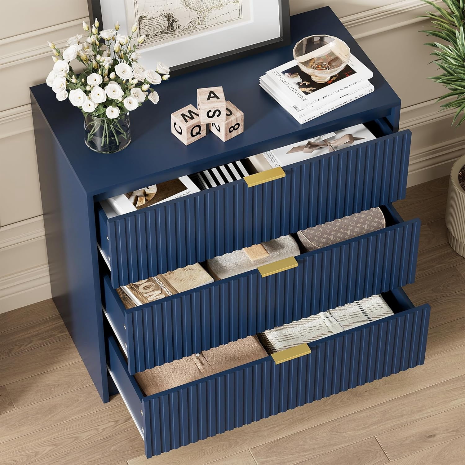 FURNIWAY 3 Drawer Fluted Dresser, 32 Inch Wide Nightstand with Large Drawer, 3 Drawer End Table for Bedroom, Living Rooms, Offices and Entryways,Blue