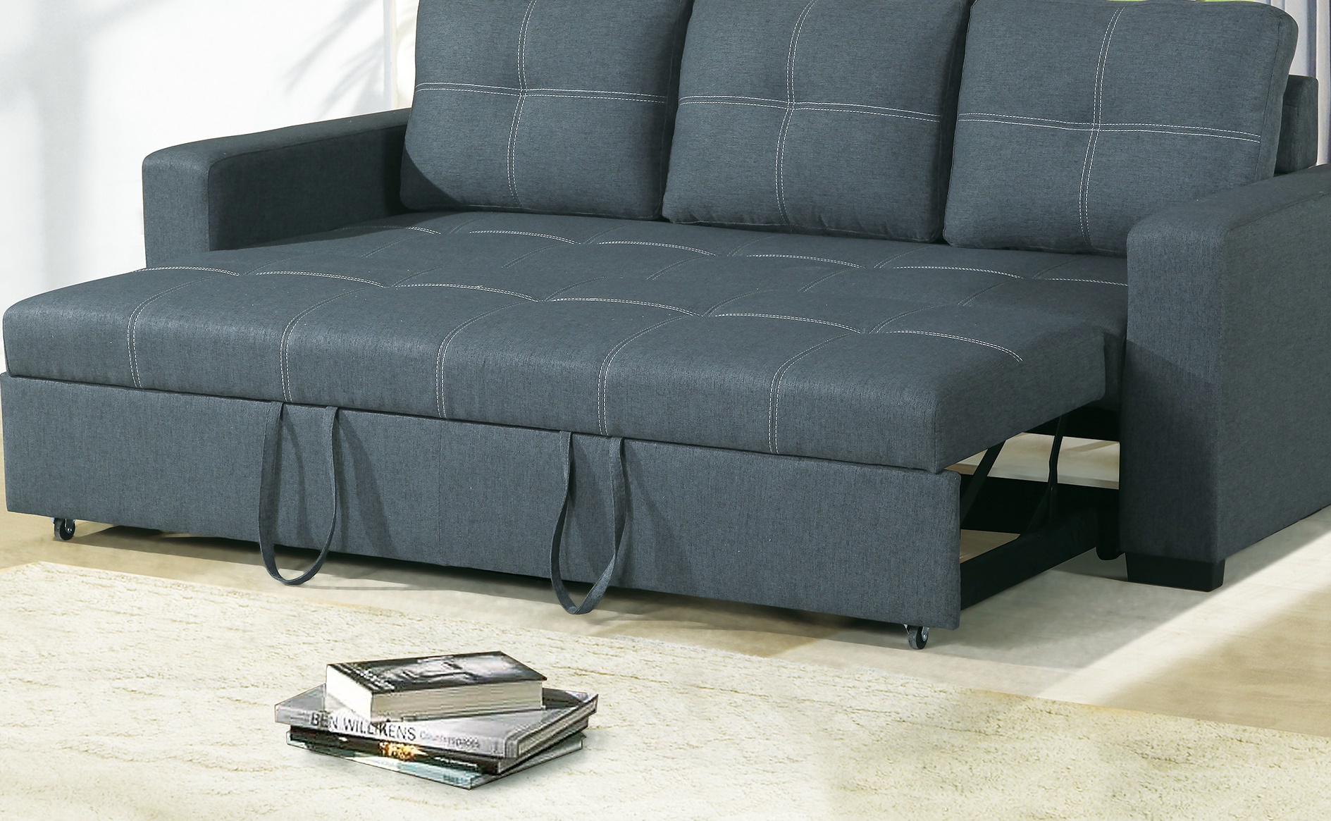 Convertible Sofa Bed Bobkona Living Room Sofa w Pull out Bed Accent Stitching Comfort Couch Blue Grey Polyfiber - image 4 of 5
