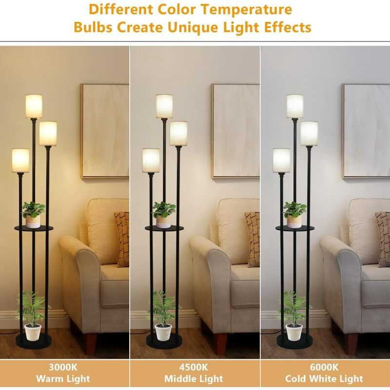 Shees, Modern Floor Living Room, 3-Lights with Linen Shade and Foot Switch, Industrial Standing Lamps Bedroom, Black Tall Table Lamp for Office