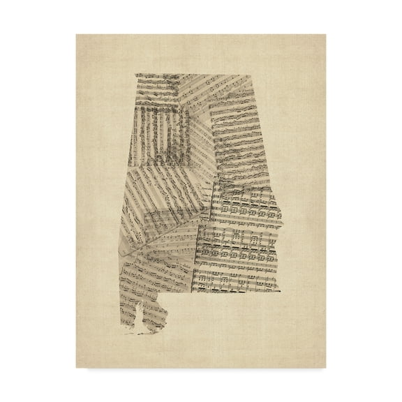 Trademark Fine Art 'Old Sheet Music Map of Alabama' Canvas Art by Michael Tompsett