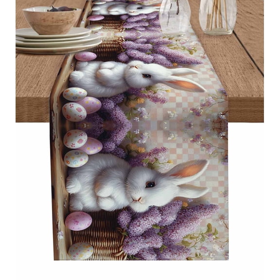 Ldtrchee Easter Rabbit Table Runner 36 Inches, Spring Lavender Eggs Flowers Pink Lattice Bed Runner Dresser Scarves Tabletop for Indoor Outdoor Parties/Ceremony/Banquet, 13"x 36"
