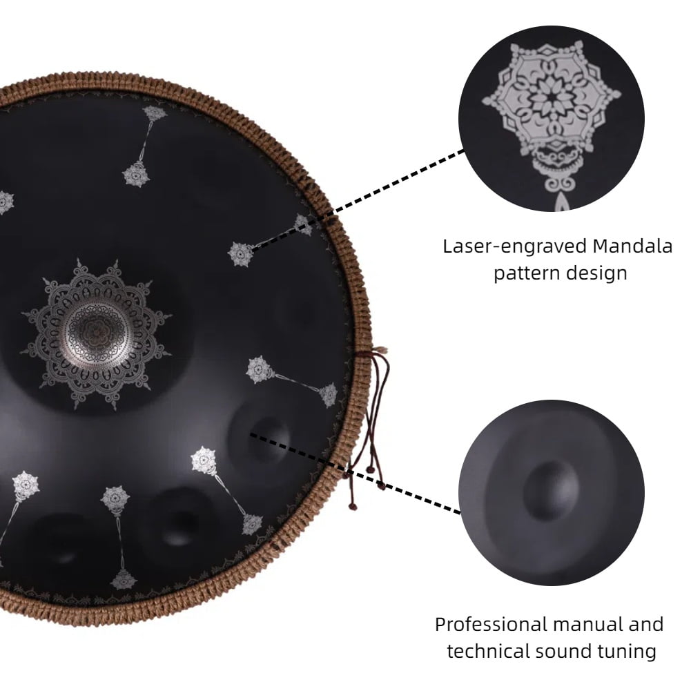 440HZ Steel Tongue Drum D Minor 10 Notes Handpan Drum Black with Mandala Pattern