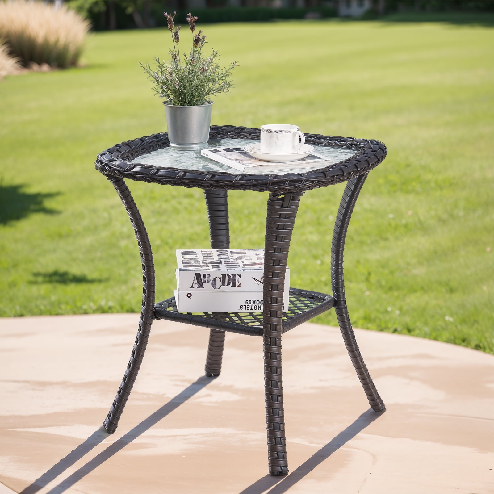 PARKWELL Outdoor Patio Side Table Square Wicker End Table with Glass Top, Brown