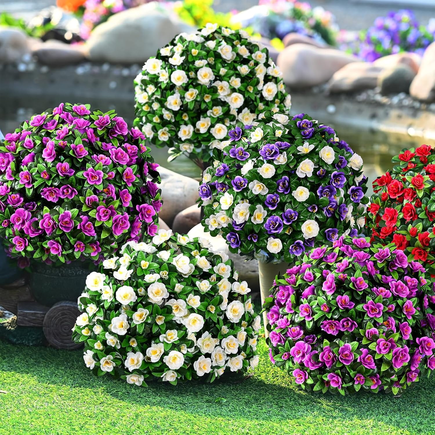 Yastouay 2 Pack Artificial Flowers Topiary with Ground Spikes Fake Bushes UV Resistant Faux Shrubs for Outdoor Garden Decor(Purple)