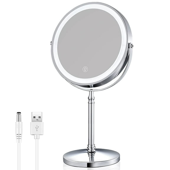 Rechargeable 8'' Lighted Makeup Mirror, 10X Magnifying Vanity Mirror with 3 Color LED Lights, Double-Sided Cosmetic Mirror Battery Powered, Touch Button Adjust Brightness