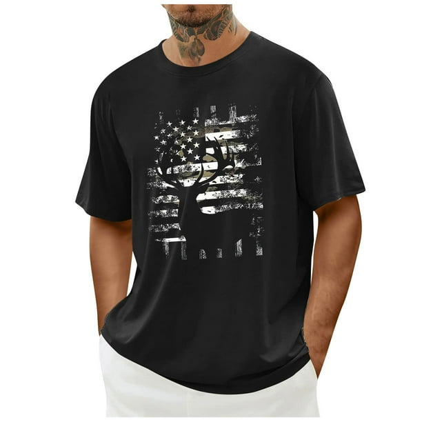 Tops para hombre, blusas y camisas de cuello redondo y manga corta para hombre. Top/camisa de cuello redondo y manga corta con estampado del Día de la Independencia para hombre. Tops para hombre.