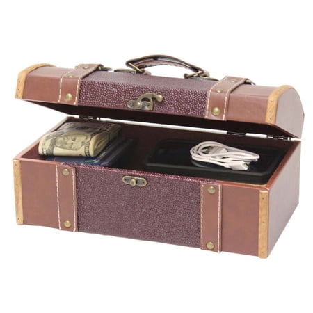 Vintage Inspired Decorative Wooden Treasure Chest and Shoe Box with Handle and Strap Ideal as Keepsake Box, Jewelry Box, Photo Storage Box for Shelves, Dresser or Tabletop