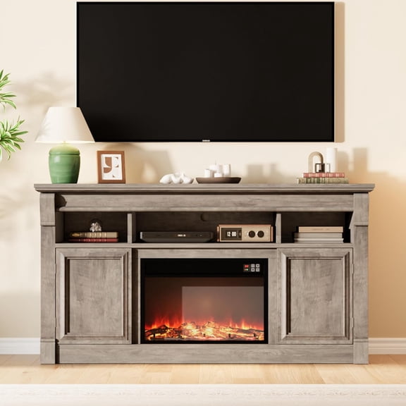 58 Inch Fireplace TV Stand, Wooden Entertainment Center with 36 Inch Electric Fireplace, 3D Realistic Flame, Farmhouse Media Console with Storage Cabinets for Living Room, Gray
