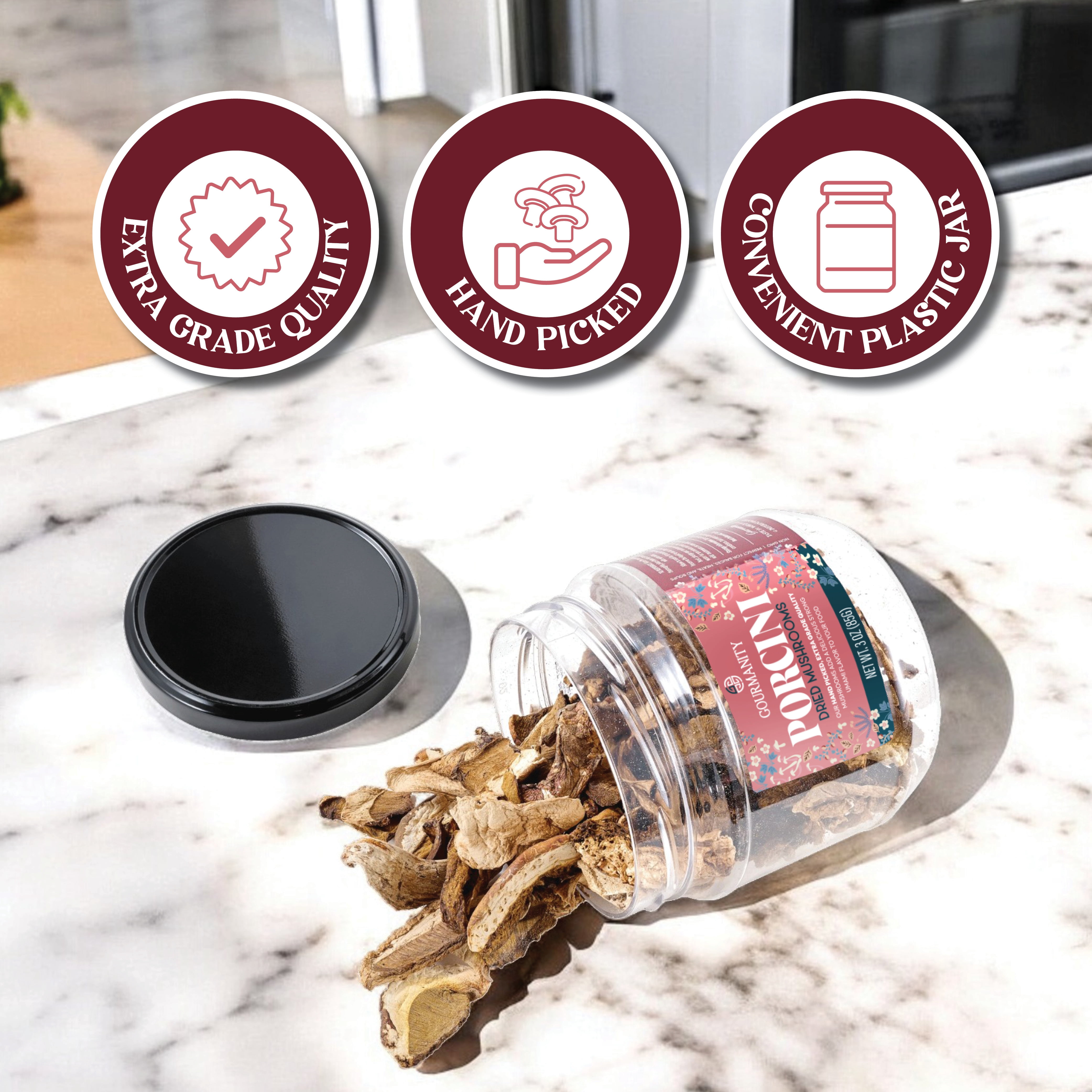 Gourmanity 3oz Dried Porcini Mushrooms, Extra Grade Dried Mushrooms, Umami Flavor Captured, Great for Cooking, Non GMO