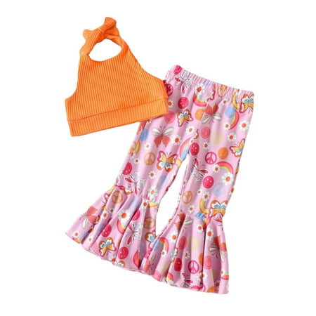 

Odeerbi Toddler Cute Outfits Bell Bottom Pants Kids Baby Girls Fashion Halter Vest Sweet Flower Print Ruffles Flared Pants Suit Orange