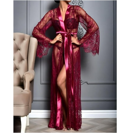 

ONHUON Wedding Season Wedding Long Sheer Boudoir Robe Navy Blue Wedding Kimono Floor Length Lace Bridal Robe