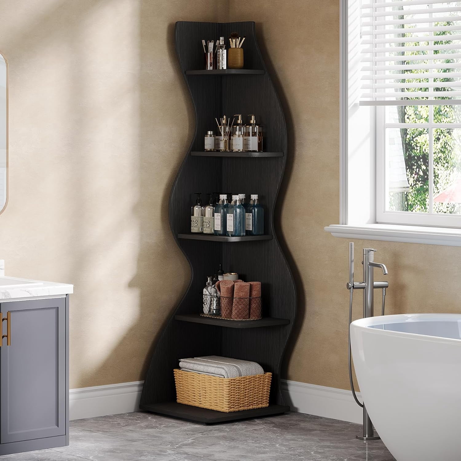 Tribesigns Small Corner Shelf, 5-Tier Modern Corner Bookcase for Small Space, Living Room (Black)