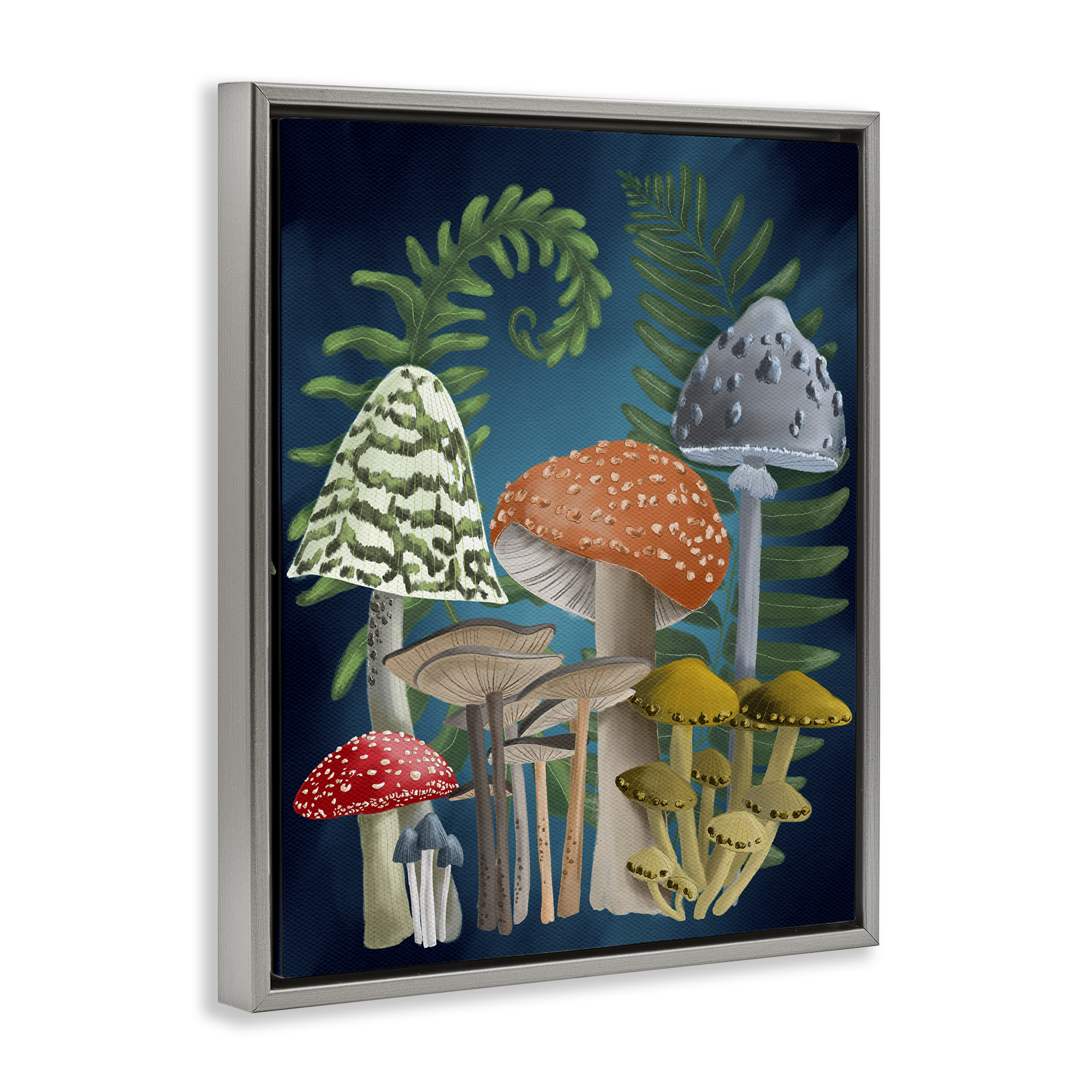 Stupell Industries Curling Ferns & Mushrooms Botanical & Floral Painting Gray Floater Framed Art Print Wall Art, 17 x 21