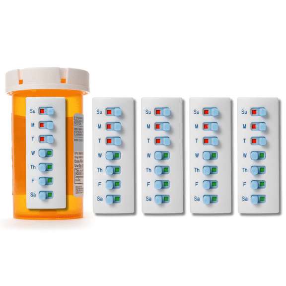 Take‑n‑Slide Peel and Stick Reusable for 12   Refills, Pill/Medication/Vitamin/Pet Tracker and Reminder, Attach to Your Bottle, Organizer-Free, Curved‑Back (White, 5-Pack)