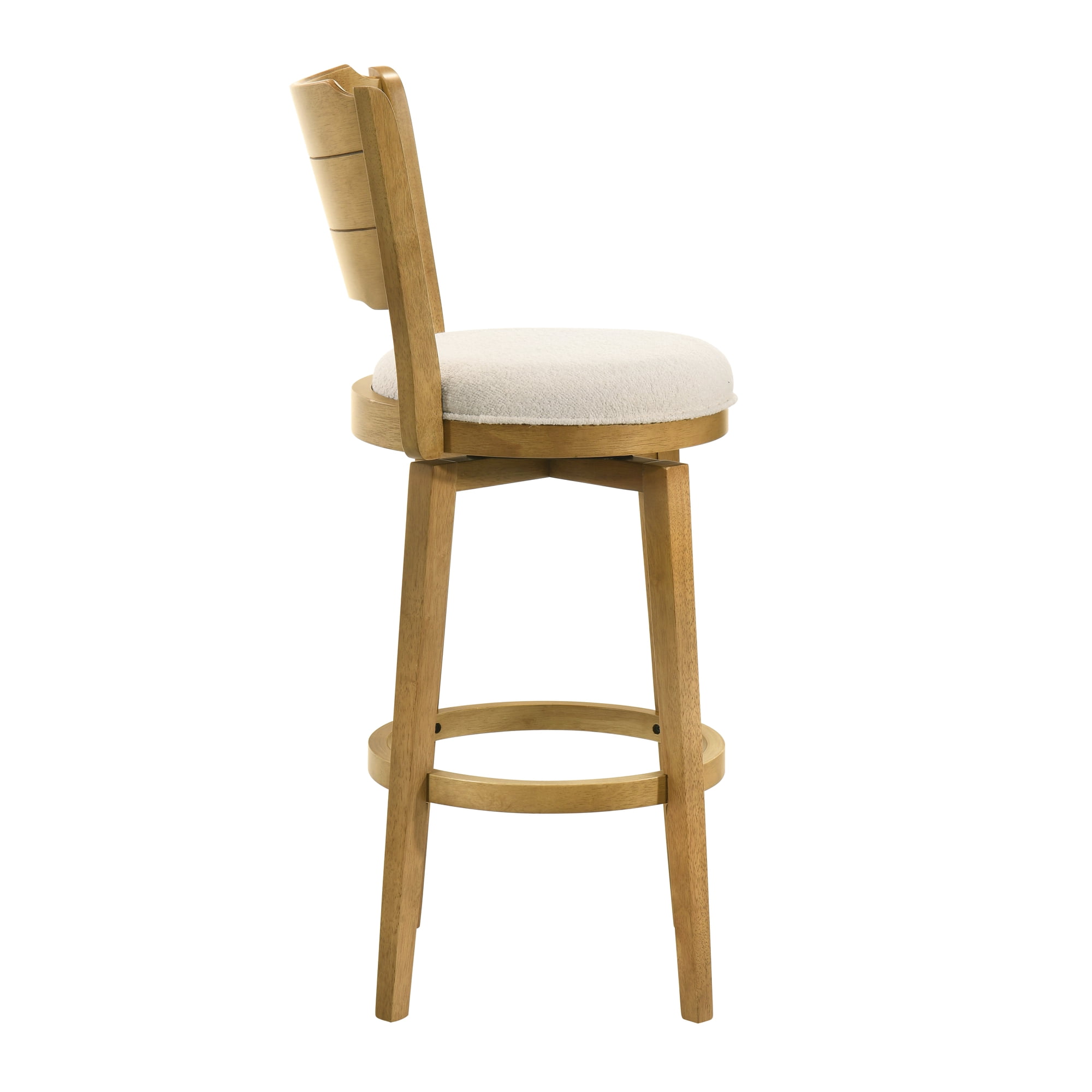Winsley Coastal Modern Swivel Wood Bar Height Kitchen Bar Stool in Amber Glow Finish with White Boucle Fabric Upholstered Seat - Set of 3