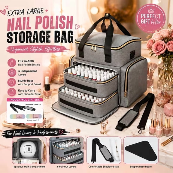Extra-large nail polish storage bag, including a shoulder rub, a rubbing strip, and a finger divider. It comes with 6 separate compartments, which can hold 96 to 100 or more nail polish bottles.