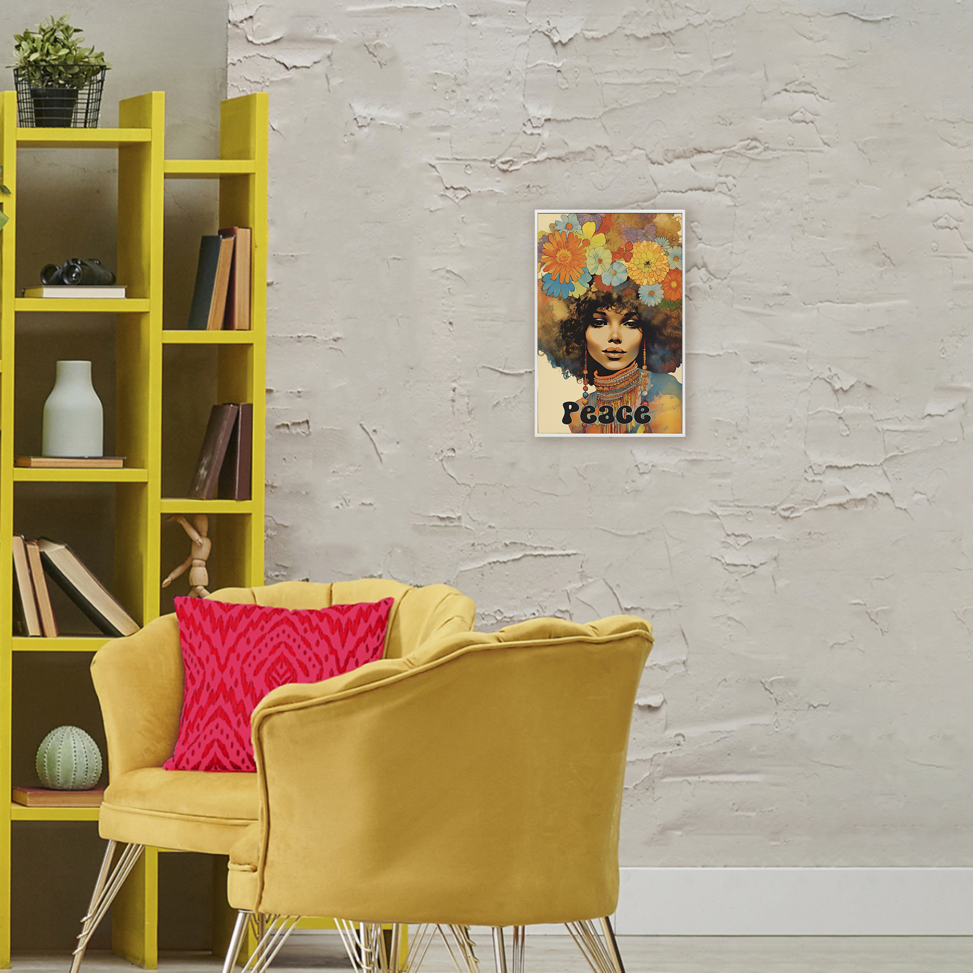 Peace Groovy Afro Girl White Framed Giclee Art, design by Sasha