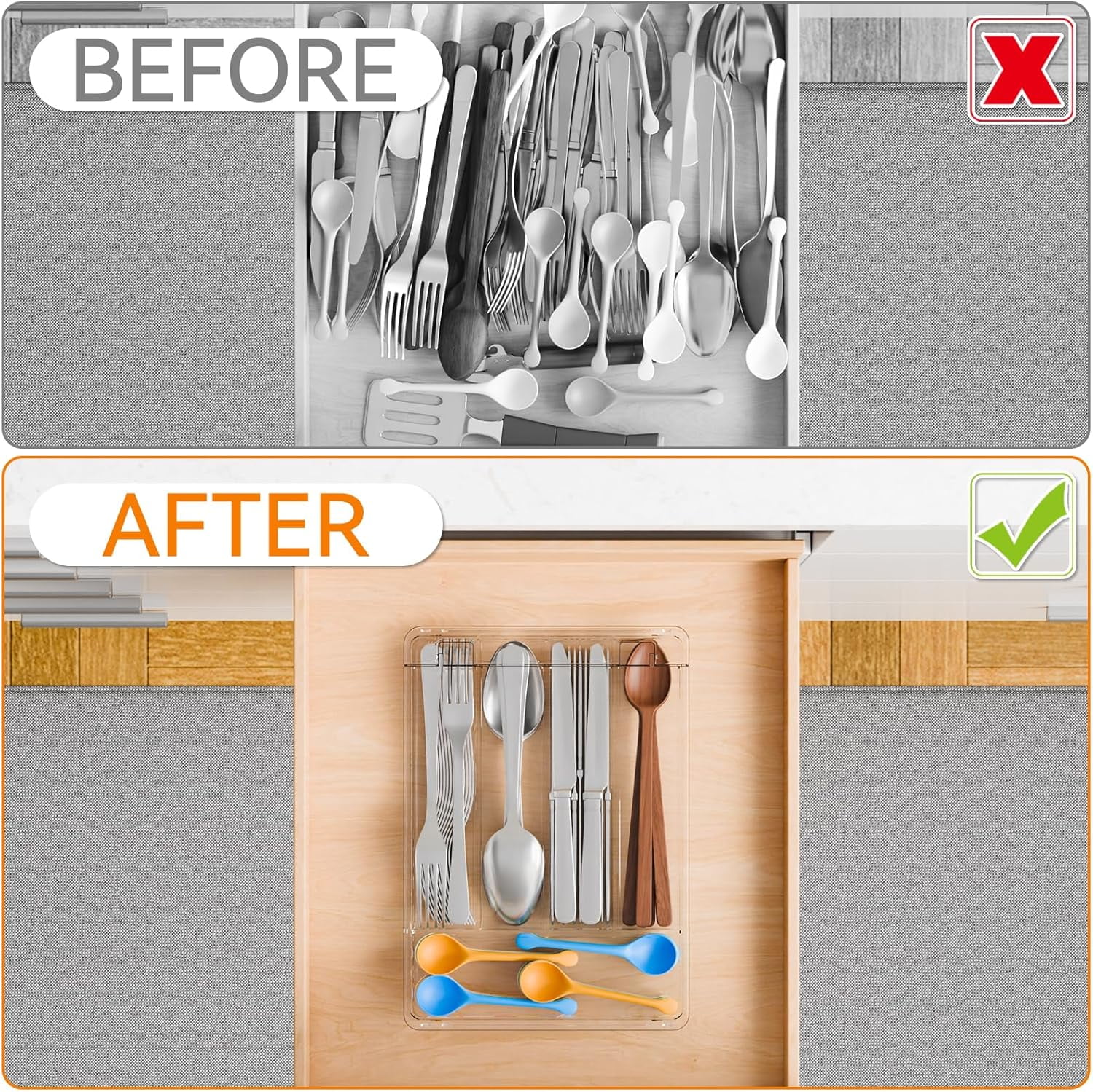 Clear Silverware Organizer with Lid - 9 inch Wide Small Drawer & Tray and Utensil Organizers Lid,BPA Free Plastic Flatware Drawers for Fork,Spoon